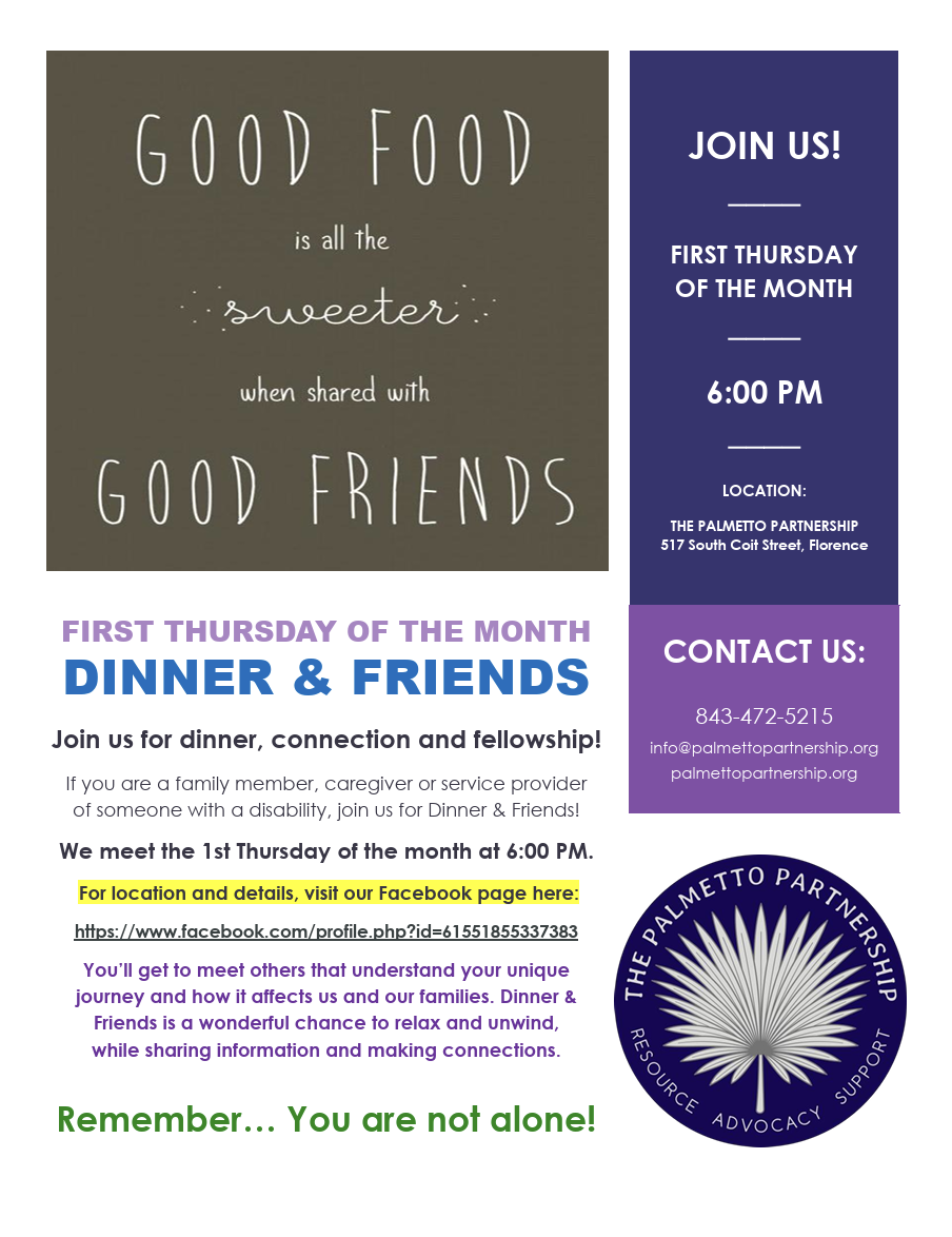 Recurring dinner on the first Thursday of every month at 6pm at The Palmetto Partnership